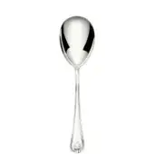 Silver serving spoon, polished oval bowl, slender handle with leaf detail, studio shot on white background, lustrous metal finish.