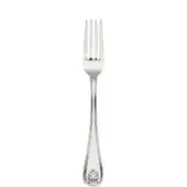 Silver serving fork with three tines, slender handle, and floral motif, displayed against a white backdrop with a polished finish.