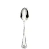 Silver serving spoon, polished metal, elongated oval bowl, floral handle detail, reflective surface, classic tableware design.