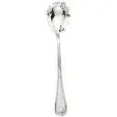 Silver spaghetti serving spoon with perforated bowl and floral handle, polished metal, studio product shot on white background.