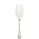 Silver fish server with curved tines, elongated handle, leaf-like detail, and polished reflective finish for elegant serving.