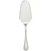 Cake server, polished stainless steel, curved scalloped blade with floral handle detailing and embossed accents.