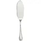 Silver cake server knife with curved blade, slender handle, leaf-shaped finial, and ridged detailing, studio shot on white background.