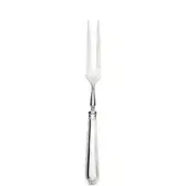 Silver carving fork with slender handle, floral embossed detail, and polished three-prong tines on a white background.