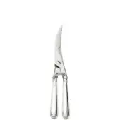 Poultry sheers with polished silver handles and stainless steel blades, featuring curved serrated edges and embossed detailing.