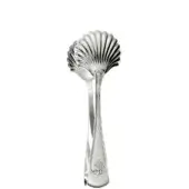 Silver-plated bread tongs with scalloped scoop, curved handle, polished finish, floral motif, seamless metal construction, studio shot.