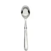 Silver ice cream spoon with rounded bowl, slender handle, vertical ridging, and embossed floral motif on polished metallic surface.