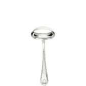 Silver sauce ladle with rounded bowl, polished finish, and floral handle detail against a white backdrop.