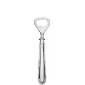 Silver bottle opener, teardrop handle, fluted design, scrolled base, polished metal, cylindrical neck, semi-circular opening, visible hallmarks.