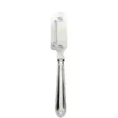 Silver lemon peeler with curved blade, fluted handle, and floral motif, studio shot on white background.