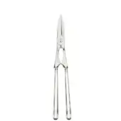 Silver lobster tongs with curved handles and notched blades against a white backdrop, featuring a circular pivot screw.