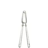 Silver nut cracker with slender handles and ridged opening, studio shot against a white backdrop, polished metallic finish.