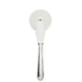 Stainless steel pizza cutter with circular blade, curved silver arm, floral handle, and “Zwilling J.A. Henckels” etching, polished finish.