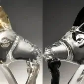 Glass goat head sculptures, transparent with gold and black accents, stylized design with elongated ears and swirling patterns.