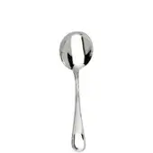Stainless steel soup spoon, oval bowl, slender handle, polished finish, reflective surface, teardrop end, studio shot, white background.