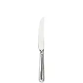 Stainless steel steak knife with curved polished blade, inscribed “INOX”, and elongated handle featuring vertical ribbed texture.