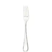 Stainless steel table fork with four rounded tines and a curved, teardrop-shaped handle, reflecting bright studio light.