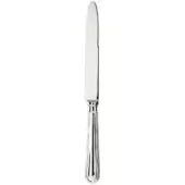 Silver table knife with oval blade, ribbed handle, and stepped bolster, studio shot on white background, polished metal.