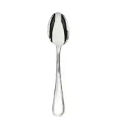 Silver spoon, stainless steel, elongated bowl and teardrop handle, polished reflective surface, centered on white background.