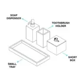 Bathroom set schematic: metal tray with labeled soap dispenser, toothbrush holder, seashell box, minimalist design, matte finish, white background.
