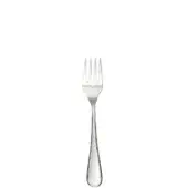 Silver fish fork with four tines, teardrop handle, polished metal surface, slender form, and smooth sheen against a white backdrop.
