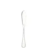 Fish knife, silver-toned metal, broad blade with pointed tip and teardrop handle, polished finish, slender curved design, white background.