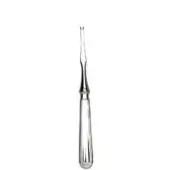 Lobster fork, stainless steel, elongated design with fluted handle and two pointed tines, studio product shot on white background.