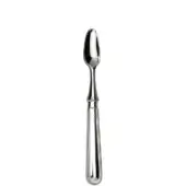 Silver shellfish knife with oval bowl and ribbed handle, studio shot, polished metal, pointed tip, circular detail at connection.
