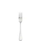 Silver fruit fork with four tines, slender neck, and curved handle featuring subtle vertical lines and a polished finish.