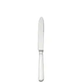 Silver fruit knife with curved blade and fluted, tapered handle against a white backdrop, displaying a polished metal finish.