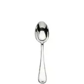 Silver fruit spoon, polished finish, oval bowl, slender handle, teardrop end, reflective surface, simple elegant silverware design.
