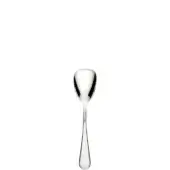 Silver ice cream spoon with rounded bowl and slender, teardrop-shaped handle, displayed on a white background with diffused lighting.