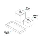 Bathroom set schematic with rectangular tray, tall and short boxes, each topped with a dark stone element, in a minimalist line drawing style.