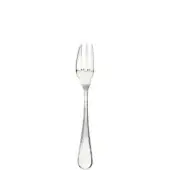 Silver dessert fork, stainless steel, three-tine design with curved handle and oval indentation, polished reflective finish.