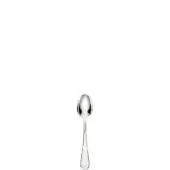 Silver coffee spoon with oval bowl and teardrop handle, polished stainless steel, minimalist design on white background.