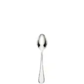 Silver teaspoon with elongated oval bowl and slender handle, polished stainless steel, centered on white background.