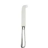 Silver cheese knife with curved blade and forked tip, featuring a ribbed, oval handle and polished metal finish on a white background.