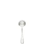 Silver cheese spoon with scalloped bowl, featuring a repeating fan pattern and slender teardrop handle, polished reflective finish.