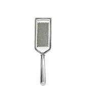 Stainless steel parmesan grater with rectangular perforated surface and curved frame, featuring a fluted handle and polished reflective finish.