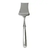 Parmesan cheese slicer, silver metal, rectangular blade with curved edge and ridged cylindrical handle, seamless polished finish.