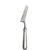Silver cheese knife with curved blade, ribbed handle, and flared collar, studio shot on white background.