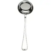 Silver ladle with rounded bowl and slender handle, polished reflective surface, teardrop end, smooth curved design, studio product shot.