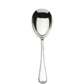 Silver serving spoon with oval bowl and tapered handle, polished metal reflects light on a white background.