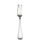 Stainless steel serving fork with four curved tines, elongated handle, and polished reflective finish on a white background.