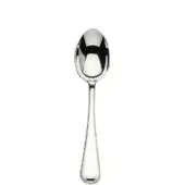 Silver serving spoon, stainless steel, elongated oval bowl, polished reflective surface, slender tapered handle, raised ridge detail.