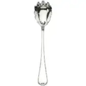 Stainless steel spaghetti spoon, perforated bowl, scalloped edge, long handle, polished finish, teardrop end, studio product shot.