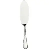 Silver fish server knife with curved blade and teardrop handle, studio shot on white background.