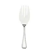 Silver fish server with three-pronged head and teardrop handle, featuring a brushed finish and subtle decorative band on white background.