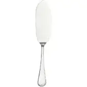 Cake server knife, silver metal, curved blade with scalloped edge and teardrop handle, polished finish, studio shot.