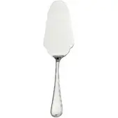 Silver cake server with scalloped blade and teardrop handle, polished reflective finish, centered on white background.